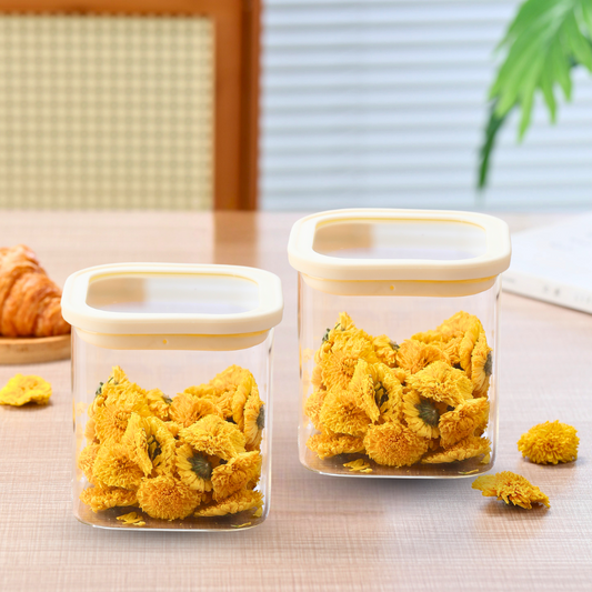 1CHASE Square Glass Storage Jars – 1100ML (Set of 2) | Airtight & Stackable Borosilicate Food Storage Jars with Silicone Lids for Kitchen, Pantry, Snacks, Spices & Dry Food