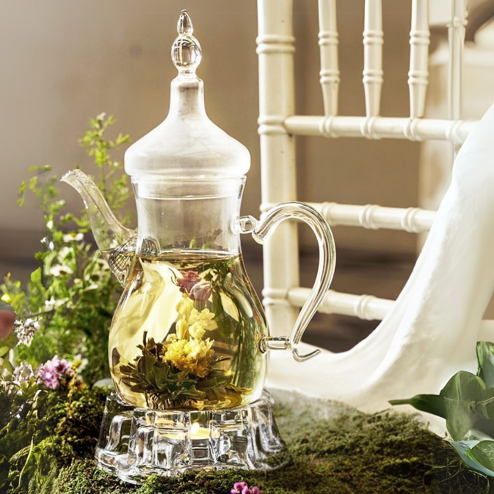 Arabic Tea Set – 1000ml Borosilicate Glass Teapot with Heart-Shaped Warmer & 6Pc 80ml Tea Cups – Heat-Resistant, Elegant Present for Ramadan & Special Occasions