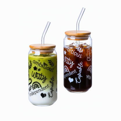 1CHASE Positive Quote Sipper Glass Set – 2 Pack 550ML Borosilicate Tumblers with Bamboo Lid & Reusable Straw – Spill-Resistant & Eco-Friendly