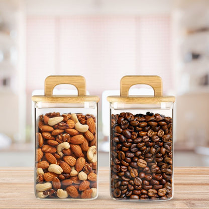 Square Glass Storage Jars with Acacia Wood Lids – Set of 2 (1100ml) Airtight Food Storage Containers with Handles for Pantry, Pasta, Oats, Flour, Cookies, Coffee, Rice & More