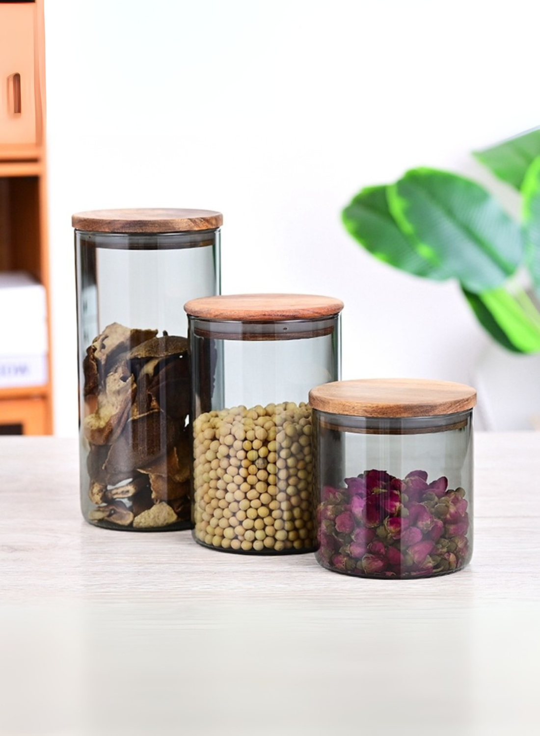 1Chase Borosilicate Glass Storage Jar Smoky Grey - (Set of 3) | Airtight Food Container with Acacia Wooden Lid | Durable & Stylish Kitchen Storage 600ML, 900ML, 1300ML