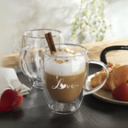 Romantic Borosilicate Double Wall Glass Mugs with Handle, 350ml - Love Print Design, Set of 2 - Perfect for Valentine's Day Gifting, Couples, Anniversaries & Special Occasions