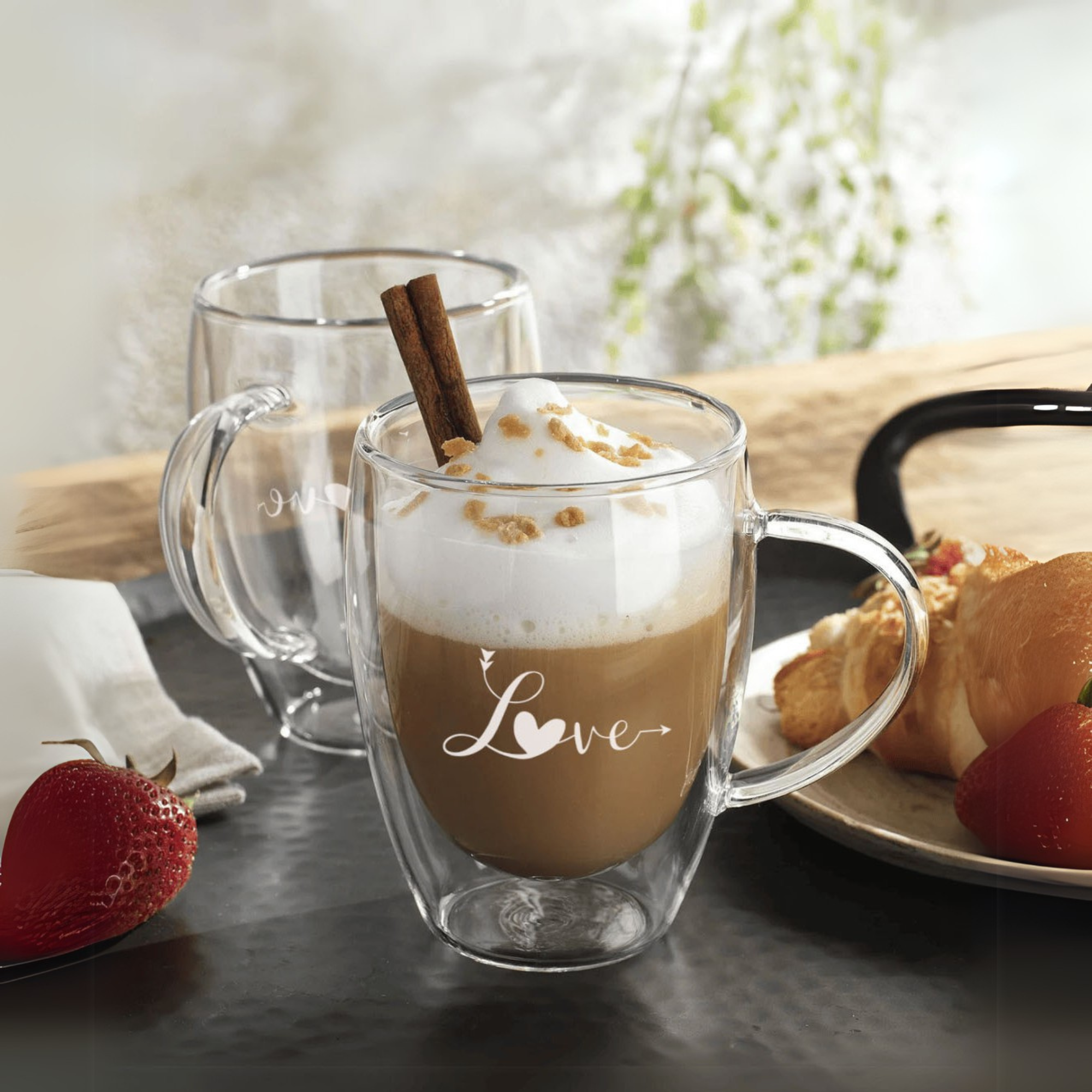 Romantic Borosilicate Double Wall Glass Mugs with Handle, 350ml - Love Print Design, Set of 2 - Perfect for Valentine's Day Gifting, Couples, Anniversaries & Special Occasions