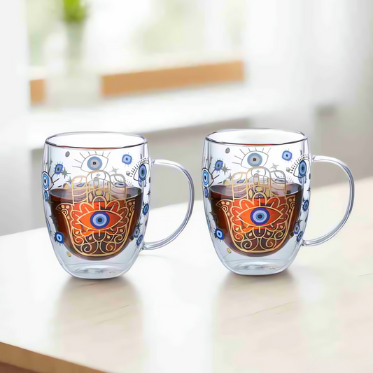 Evil Eye Double Wall Glass Coffee Mugs – 350ml, Set of 2 | Insulated Heat-Resistant Cups for Hot & Cold Beverages