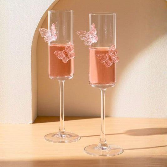 Butterfly Champagne Glass Set of 2, Flute Shape, Pink Butterfly Design, 180ML, for Red Wine, White Wine, Champagne, Sparkling Drinks