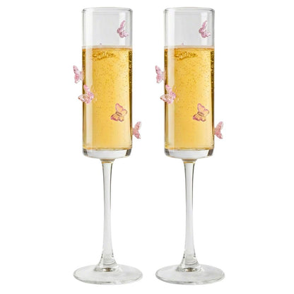 Champagne Flute Glasses with Butterfly Design, 180ML Elegant Stemware Set of 2, Clear Glass Sparkling Wine & Prosecco Glasses for Celebrations