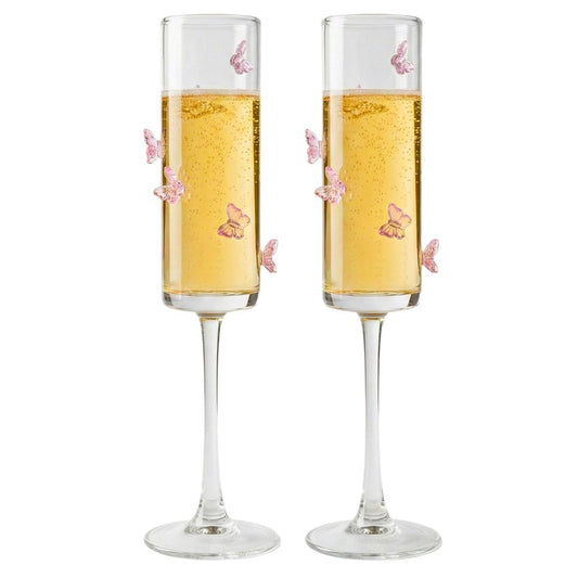 Champagne Flute Glasses with Butterfly Design, 180ML Elegant Stemware Set of 2, Clear Glass Sparkling Wine & Prosecco Glasses for Celebrations