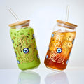 1CHASE Evil Eye Borosilicate Sipper Glasses – Set of 2, 550ML Can-Shaped Glasses with Bamboo Lids & Glass Straws