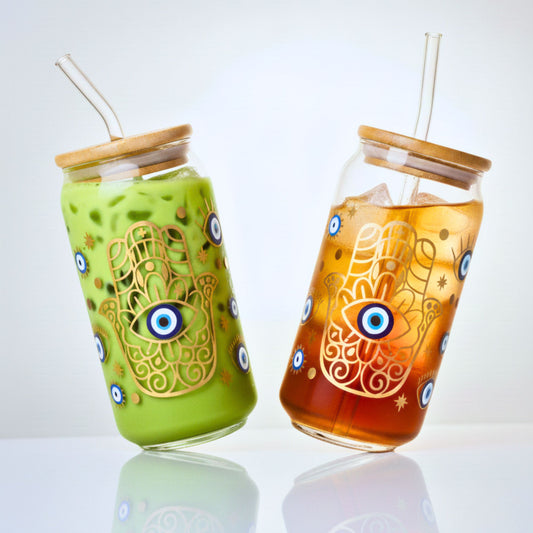 1CHASE Evil Eye Borosilicate Sipper Glasses – Set of 2, 550ML Can-Shaped Glasses with Bamboo Lids & Glass Straws