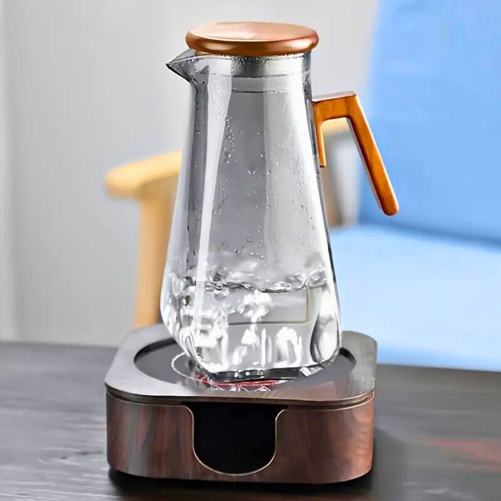 Water Jug Set – 1400ml Smoky Grey Pitcher with Walnut Handle & Lid + 6pcs 220ml Glass Cups, Heat-Resistant Drinkware for Water, Juice & Beverages