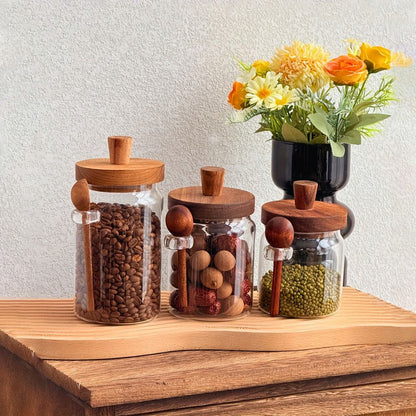 Glass Storage Jar with Acacia Wooden Lid & Spoon – Airtight Food Container for Coffee, Tea, Sugar, Spices & Dry Foods – 400ml / 600ml / 800ml Kitchen Canister