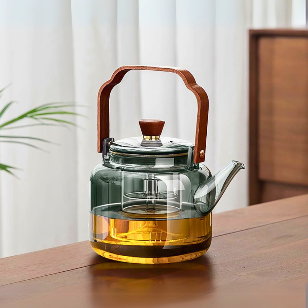 Borosilicate Glass Teapot – Smokey Grey 1000 ML, Heat-Resistant with Acica Wooden Handle & Strainer – Compatible with Electric Stoves