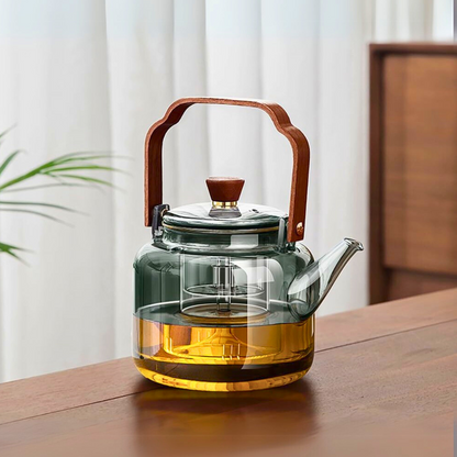 Borosilicate Glass Teapot – Smokey Grey 1000 ML, Heat-Resistant with Acica Wooden Handle & Strainer – Compatible with Electric Stoves