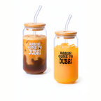 1CHASE “Habibi Come to Dubai” Borosilicate Sipper Glasses – Set of 2, 550ML Can-Shaped Glasses with Bamboo Lids & Glass Straws