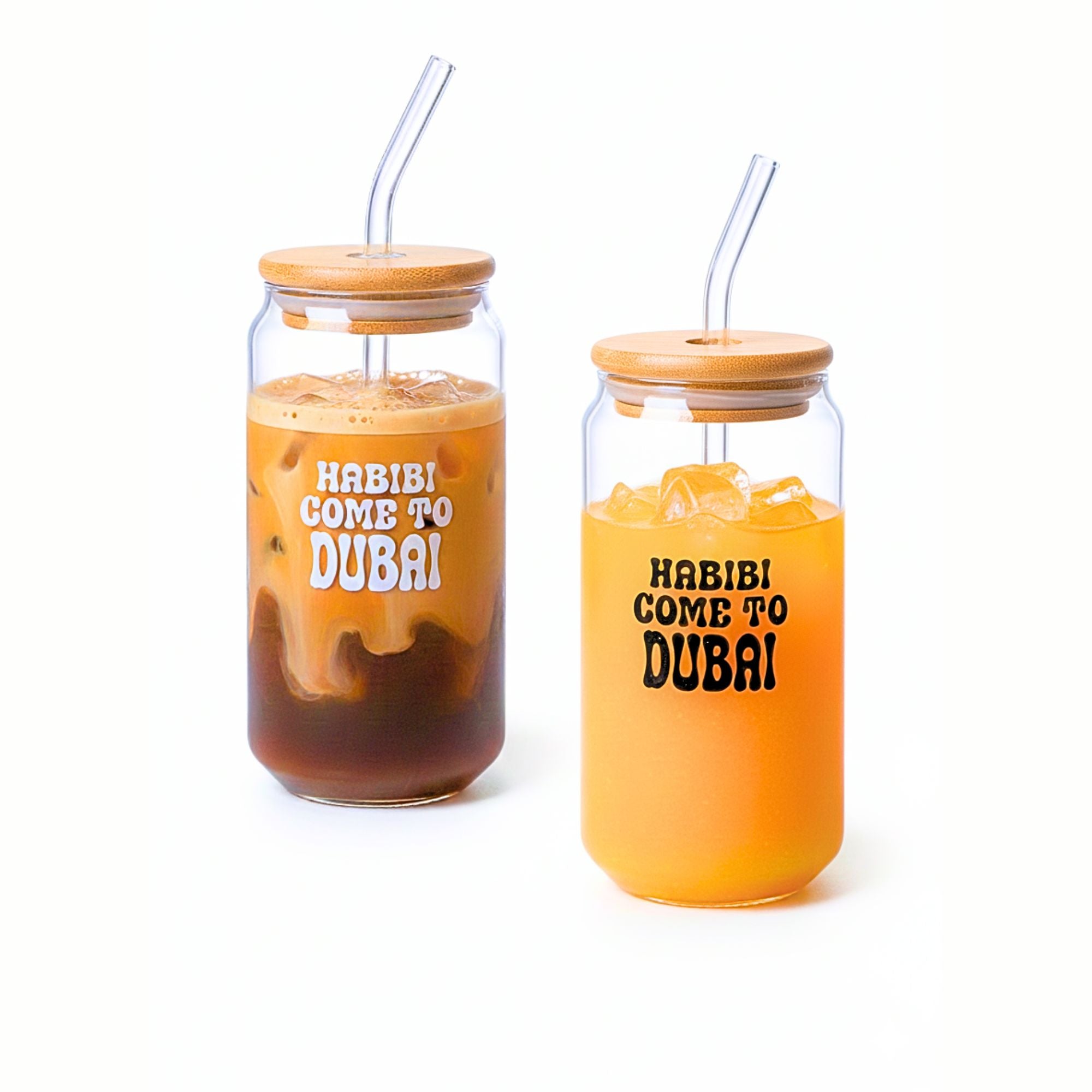 1CHASE “Habibi Come to Dubai” Borosilicate Sipper Glasses – Set of 2, 550ML Can-Shaped Glasses with Bamboo Lids & Glass Straws
