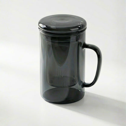 Smoky Grey Borosilicate Glass Mug with Handle and Infuser, 450ml, Heat-Resistant Tea and Coffee Mug with Lid, 1Pc