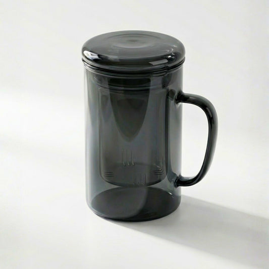 Smoky Grey Borosilicate Glass Mug with Handle and Infuser, 450ml, Heat-Resistant Tea and Coffee Mug with Lid, 1Pc
