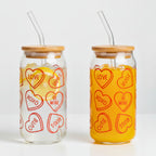 Valentine-Themed Borosilicate Sipper Glass Set – 2 x 550ML Glasses with Bamboo Lids – Romantic Drinkware Gift for Couples