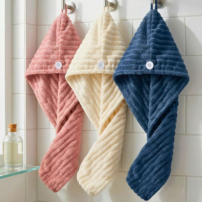 Microfiber Hair Wrap 3 PCS Set – Stripe Hair Turban (Terracotta, Apricot, Navy) Quick Dry Anti-Frizz Towel Wrap, Super Absorbent Lightweight Hair Towel for Women & All Hair Types