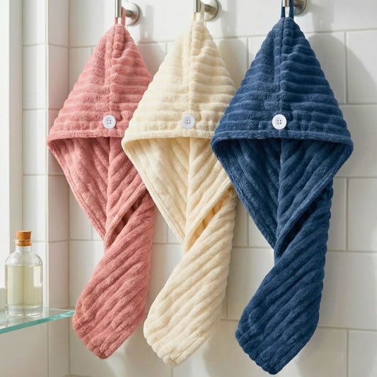 Microfiber Hair Wrap 3 PCS Set – Stripe Hair Turban (Terracotta, Apricot, Navy) Quick Dry Anti-Frizz Towel Wrap, Super Absorbent Lightweight Hair Towel for Women & All Hair Types
