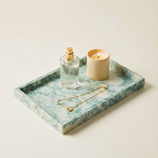 Green Marble Stone Decorative Tray 30x20CM Rectangular Vanity Organizer, Luxury Jewellery & Bathroom Counter Tray, Kitchen & Dining Table Décor