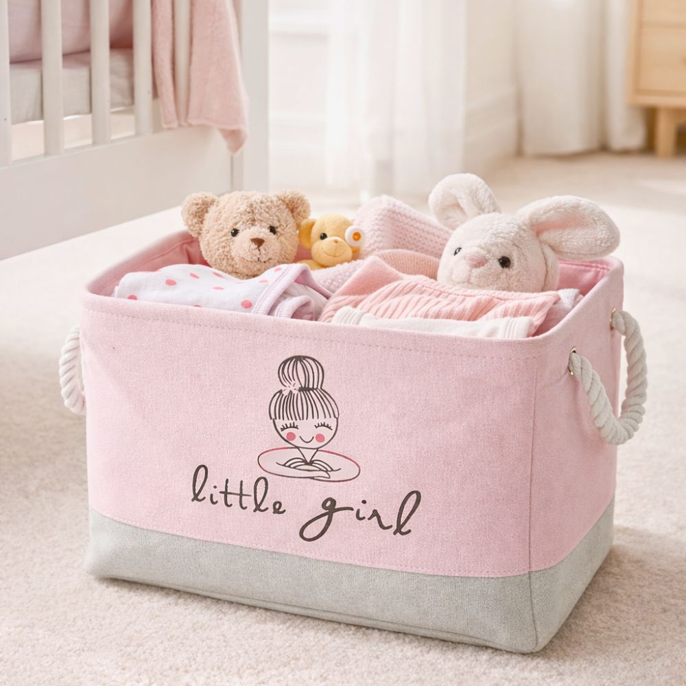 Kids Ballet Bow Rectangular Storage Basket 50L (40x28x24cm) – Foldable Canvas Toy & Laundry Organizer with Rope Handles for Nursery, Bedroom & Playroom