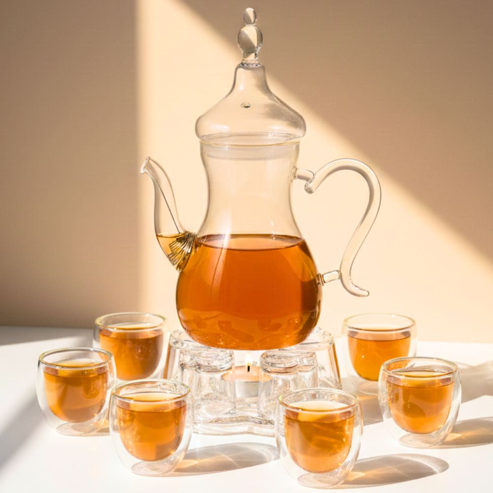 Arabic Tea Set – 1000ml Borosilicate Glass Teapot with Heart-Shaped Warmer & 6Pc 80ml Tea Cups – Heat-Resistant, Elegant Present for Ramadan & Special Occasions