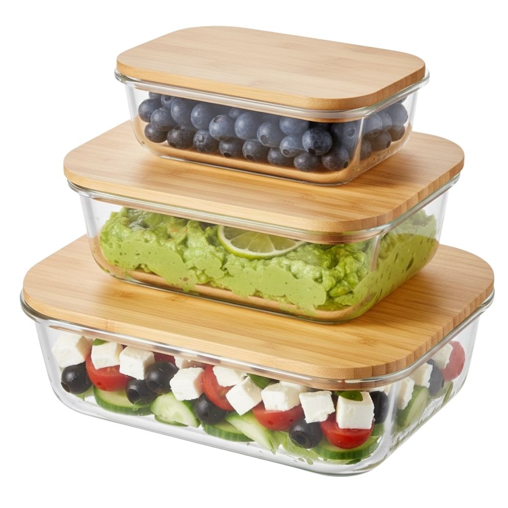 Borosilicate Glass Food Storage Containers with Bamboo Lids, 3 Sizes 400ML 700ML 1000ML, Airtight BPA-Free Meal Prep & Lunch Boxes, Reusable Plastic-Free Containers
