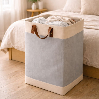 Foldable Velvet Laundry Basket 60L (55x35x30cm) with Leather Handles – Natural Jute Style Storage Bin for Clothes, Blankets & Home Organization