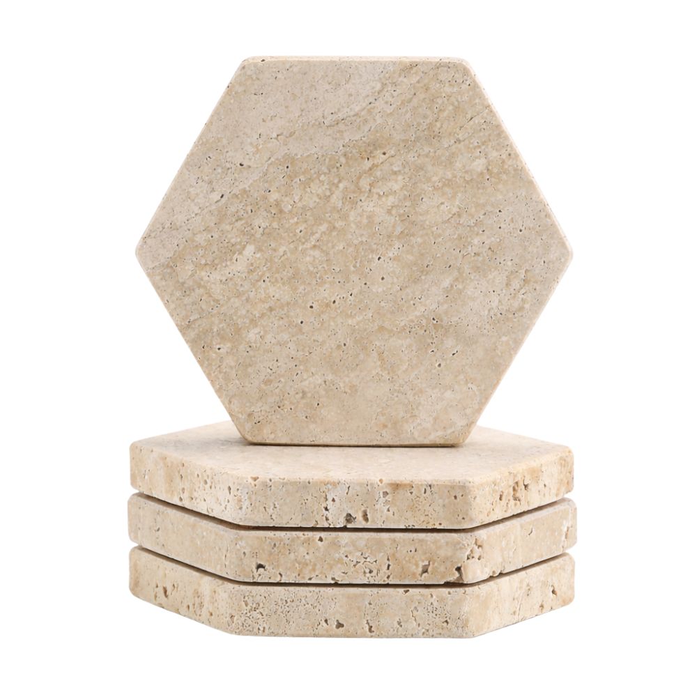 Travertine Coasters Set of 4, Natural Marble Hexagon Drink Coasters, Absorbent Stone for Coffee Table, Dining Table & Home Décor