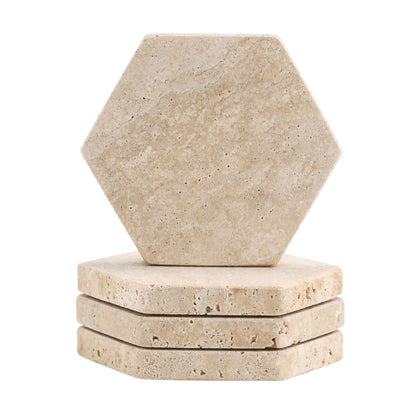 Travertine Coasters Set of 4, Natural Marble Hexagon Drink Coasters, Absorbent Stone for Coffee Table, Dining Table & Home Décor