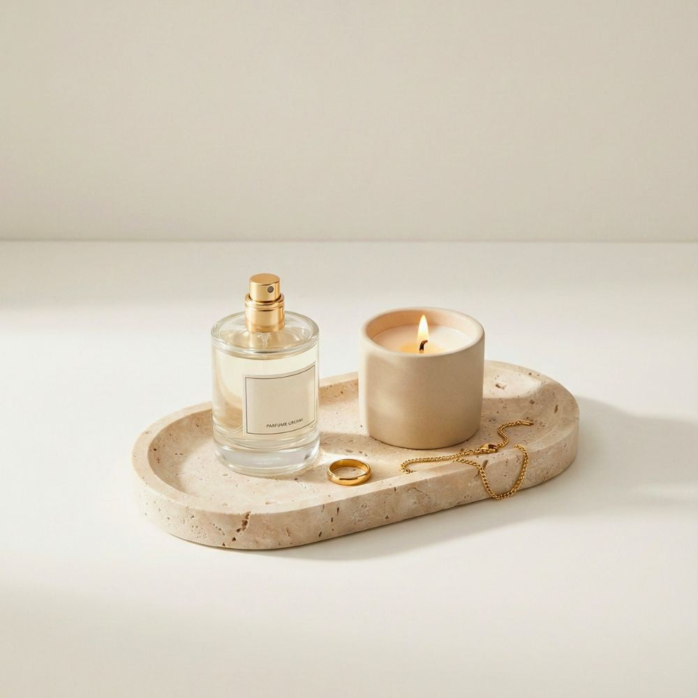 Natural Travertine Oval Marble Tray – Beige Stone Vanity Tray for Jewellery, Perfume & Makeup, Decorative Organizer for Coffee Table, Bathroom Counter & Home Decor