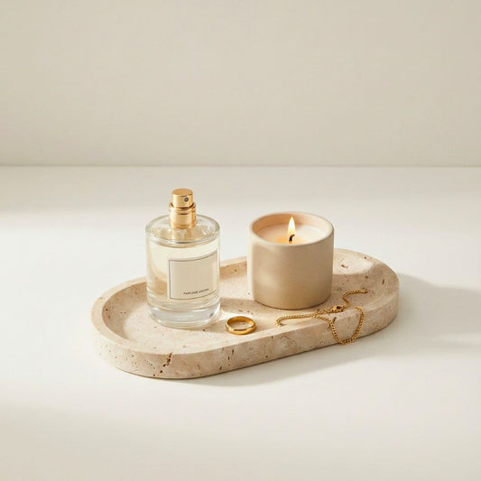 Natural Travertine Oval Marble Tray – Beige Stone Vanity Tray for Jewellery, Perfume & Makeup, Decorative Organizer for Coffee Table, Bathroom Counter & Home Decor