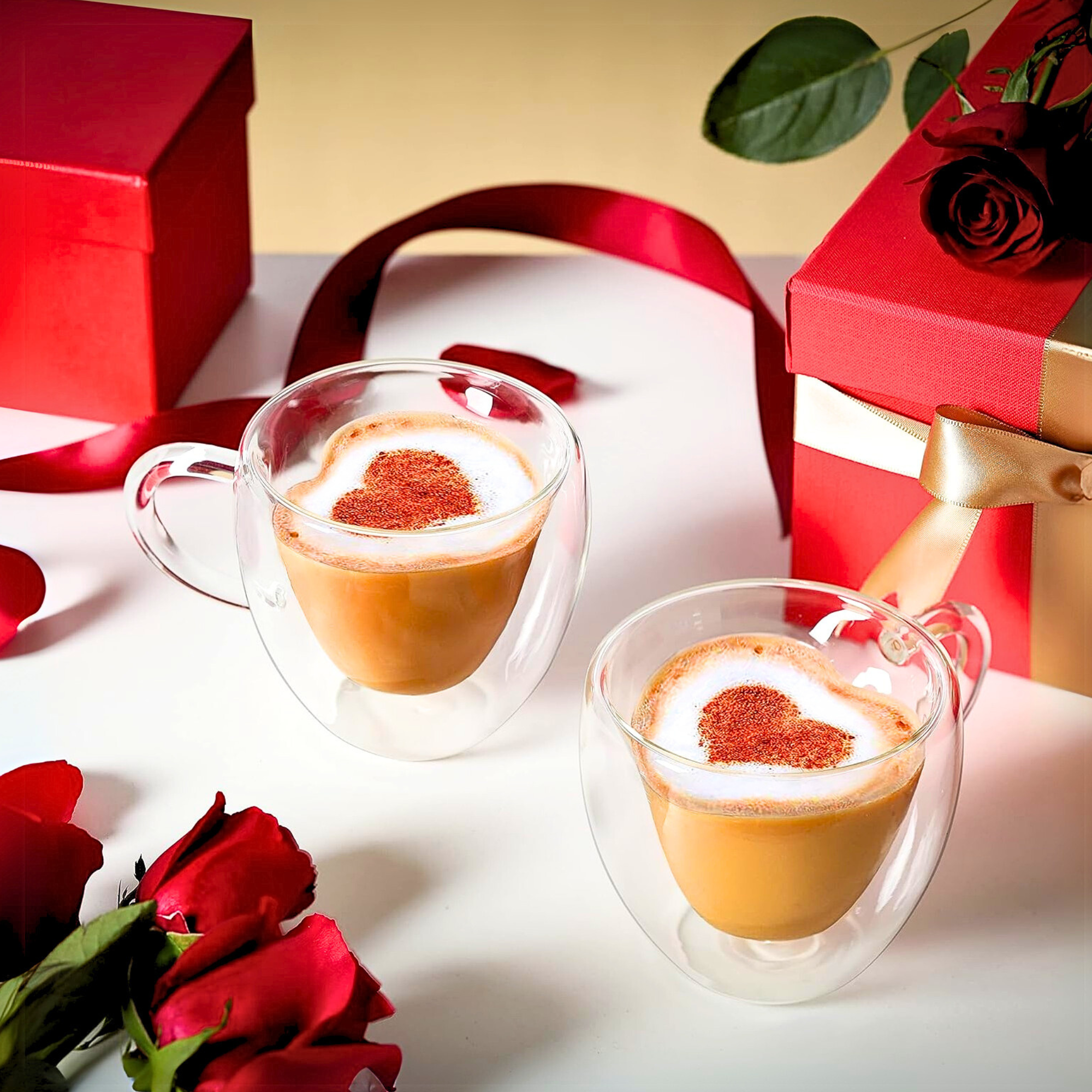 1CHASE Heart Shaped Double Wall Glass Coffee Mug With Handle, 250ML – Borosilicate Cup for Tea, Coffee, Espresso – Romantic Valentine's Day Gift for Couples, Him & Her (Set of 2)