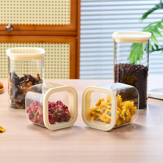 1CHASE Square Glass Storage Jars – Set of 4 (900ML, 1100ML, 1500ML, 1800ML) | Airtight & Stackable Borosilicate Food Storage Jars with Silicone Lids for Kitchen, Pantry, Snacks, Spices & Dry Food