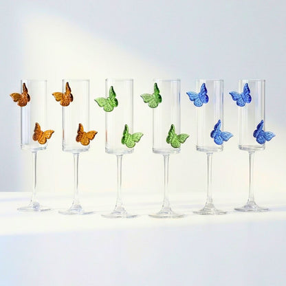 Butterfly Champagne Glass Set of 6, 180ML Flute Shape Wine Glasses with Sapphire, Emerald & Amber Butterfly Design, Elegant Glassware for Champagne, Red & White Wine