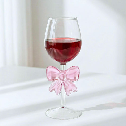 Borosilicate Goblet Wine Glass with Pink Bow, 350ML Elegant Decorative Wine Glass, Heat Resistant Glassware for Red & White Wine, Parties & Gifting (1 Piece)