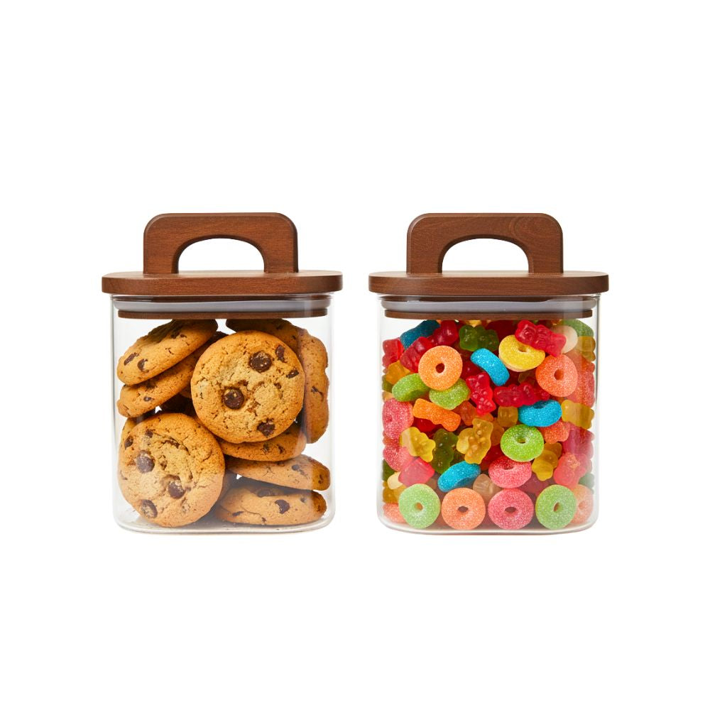 Square Glass Storage Jars with Acacia Wood Lids – Set of 2 (900ml) Large Pantry Containers with Handle Lids for Pasta, Oats, Flour, Cookies, Coffee, Rice & More