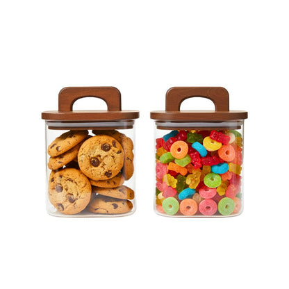 Square Glass Storage Jars with Acacia Wood Lids – Set of 2 (900ml) Large Pantry Containers with Handle Lids for Pasta, Oats, Flour, Cookies, Coffee, Rice & More