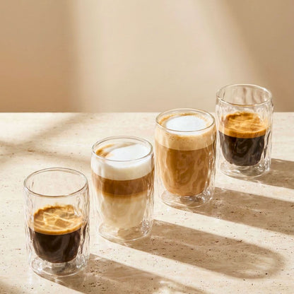 Double Wall Borosilicate Glacier Glass Cups 400ML Set of 4, Insulated Clear Coffee & Tea Glasses for Hot and Cold Drinks, Latte, Cappuccino, Milk, Juice Drinkware