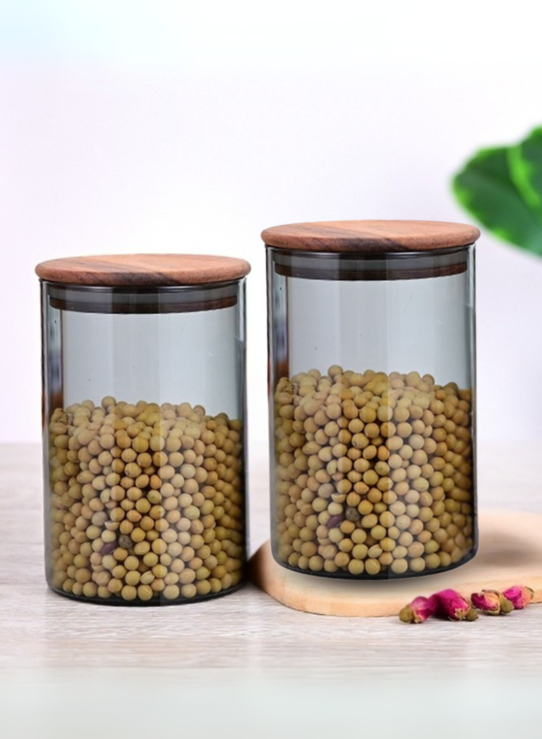 1Chase Borosilicate Glass Storage Jar Smoky Grey 900 ML - (Set of 2) | Airtight Food Container with Acacia Wooden Lid | Durable & Stylish Kitchen Storage