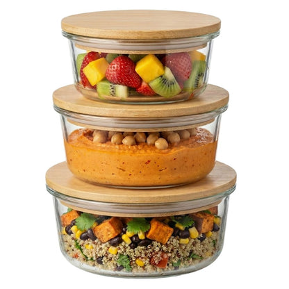 Borosilicate Round Glass Food Storage Containers with Bamboo Lids, 3 Sizes 400ML 650ML 1000ML, Airtight BPA-Free Meal Prep & Lunch Boxes, Reusable Plastic-Free Containers