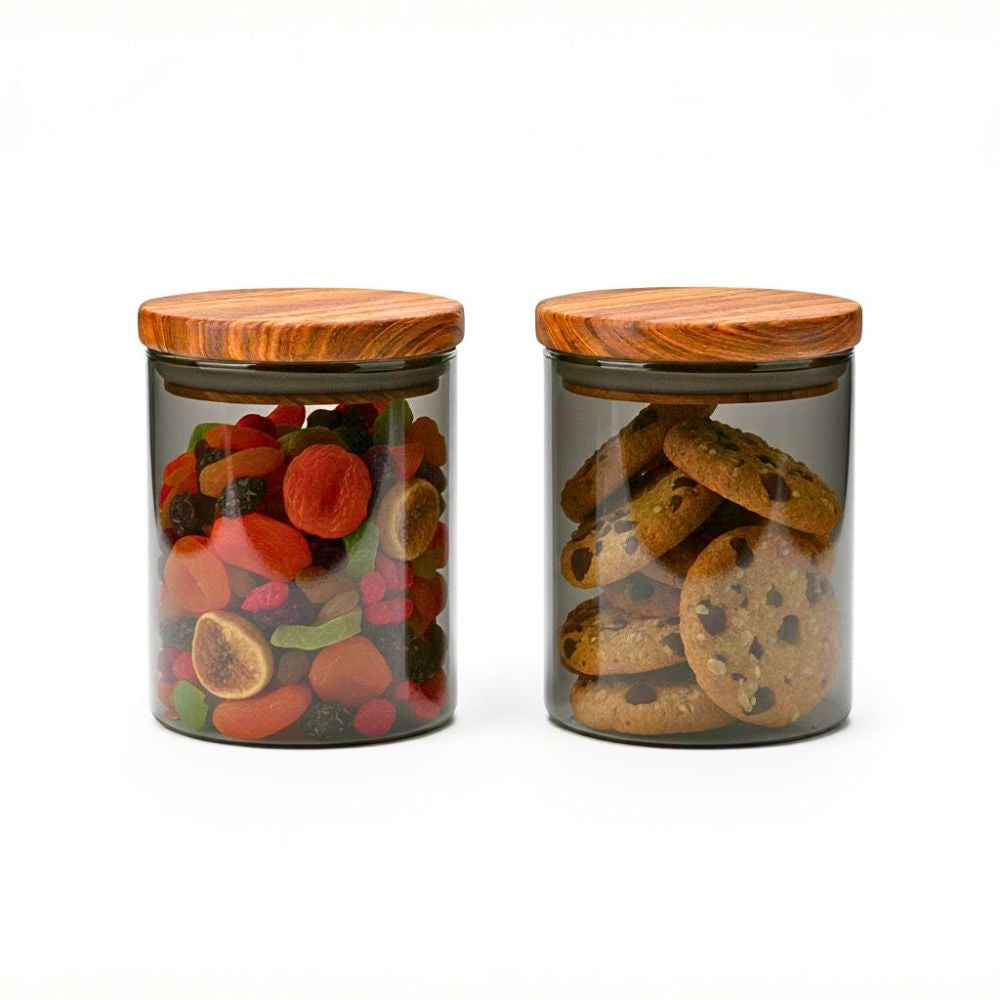 Borosilicate Glass Storage Jar Smoky Grey 600ML - (Set of 2) | Airtight Food Container with Acacia Wooden Lid | Durable & Stylish Kitchen Storage