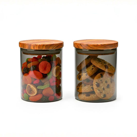 Borosilicate Glass Storage Jar Smoky Grey 600ML - (Set of 2) | Airtight Food Container with Acacia Wooden Lid | Durable & Stylish Kitchen Storage