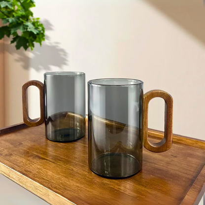 Smoky Grey Borosilicate Glass Mugs with Walnut Acacia Wooden Handle – 350ML (Set of 2)