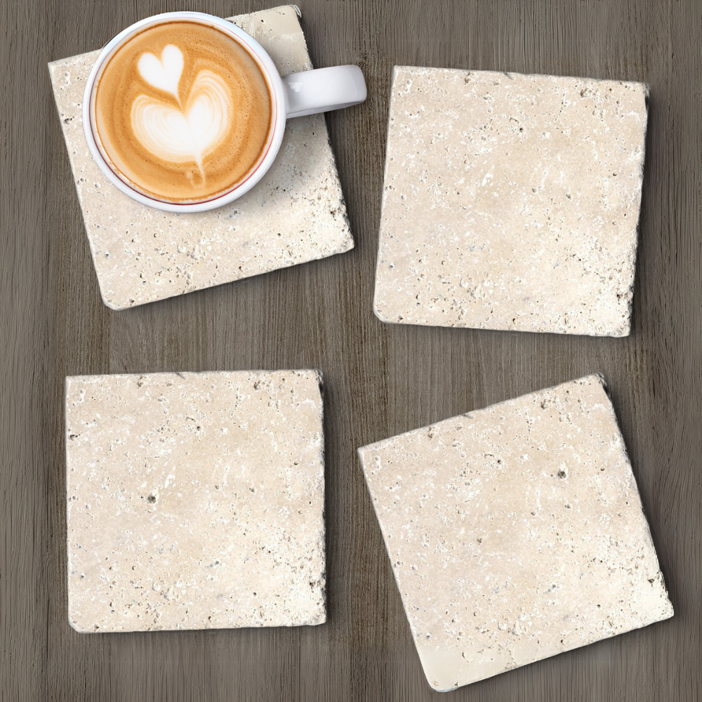 Natural Travertine Marble Coasters – Set of 4 (10x10cm) | Premium Travertine Marble Drink Coasters for Home & Office