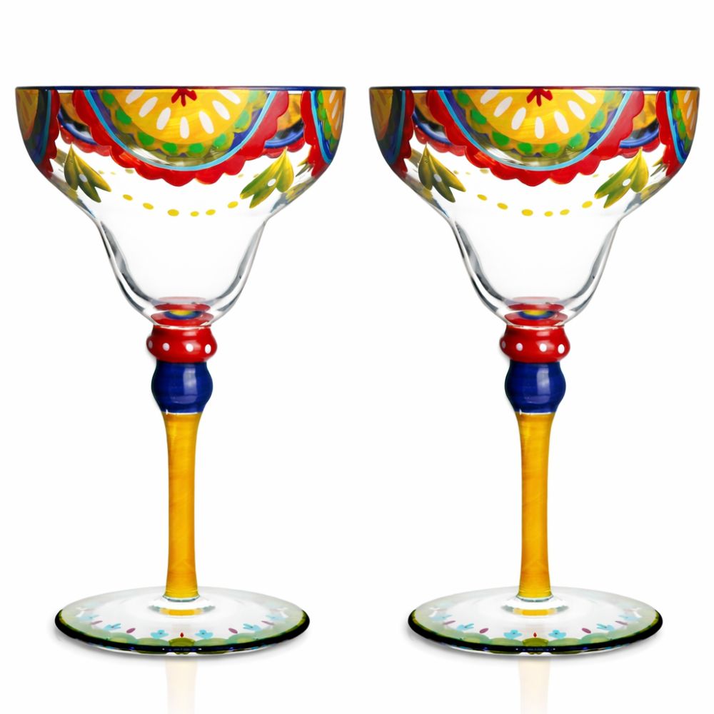 Hand Painted Margarita Glasses Moroccan Collection, Orange Blossom Design 270ML Set of 2, Artisan Decorative Cocktail Glassware, Unique Kitchen Table Décor Glasses