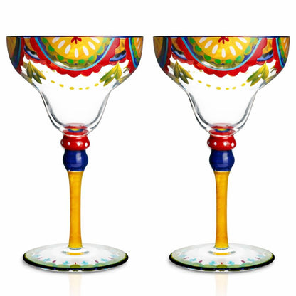 Hand Painted Margarita Glasses Moroccan Collection, Orange Blossom Design 270ML Set of 2, Artisan Decorative Cocktail Glassware, Unique Kitchen Table Décor Glasses