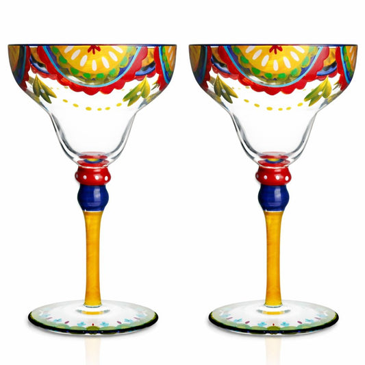 Hand Painted Margarita Glasses Moroccan Collection, Orange Blossom Design 270ML Set of 2, Artisan Decorative Cocktail Glassware, Unique Kitchen Table Décor Glasses