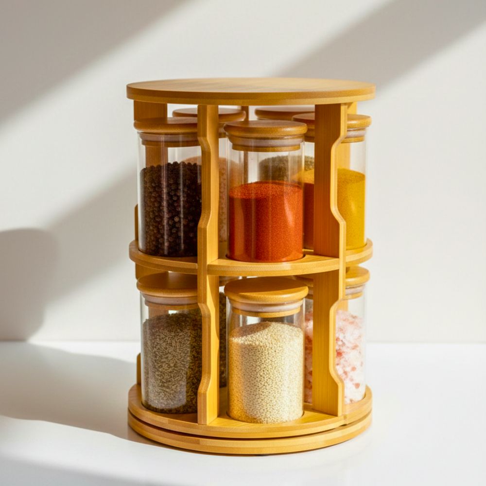 Rotating Bamboo Tabletop Spice Rack with 10 Glass Jars, 360° Swivel Organizer with Wooden Lids for Kitchen Counter, Herbs, Spices & Seasonings